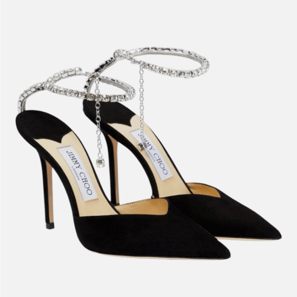 Jimmy Choo Black Suede Pointed-Toe Heels with Crystal Ankle Straps